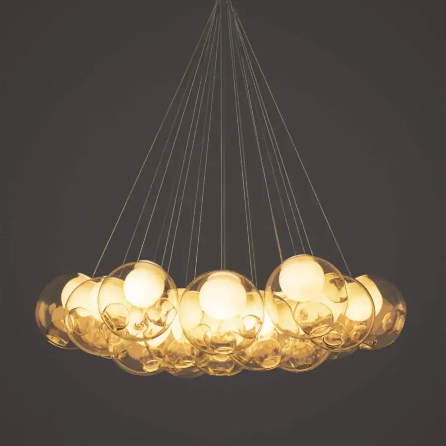 Captivating Bocci 28 Cluster suspension lamp with clear glass spheres and milk white interior lamp holder cavities crafted with silver-toned cables