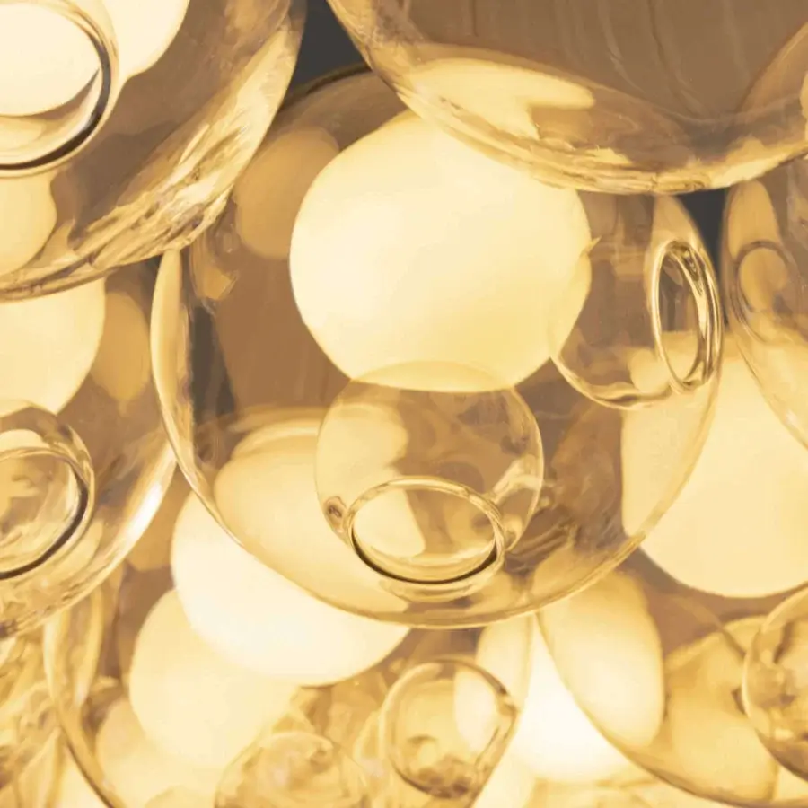 Exclusive Bocci 28 Cluster suspension lamp with clear glass spheres and milk white interior lamp holders in glossy finish