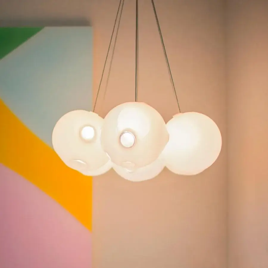 Exceptional Bocci 28 Cluster suspension lamp with clear glass exterior and milk white interior, presenting a subtly textured finish