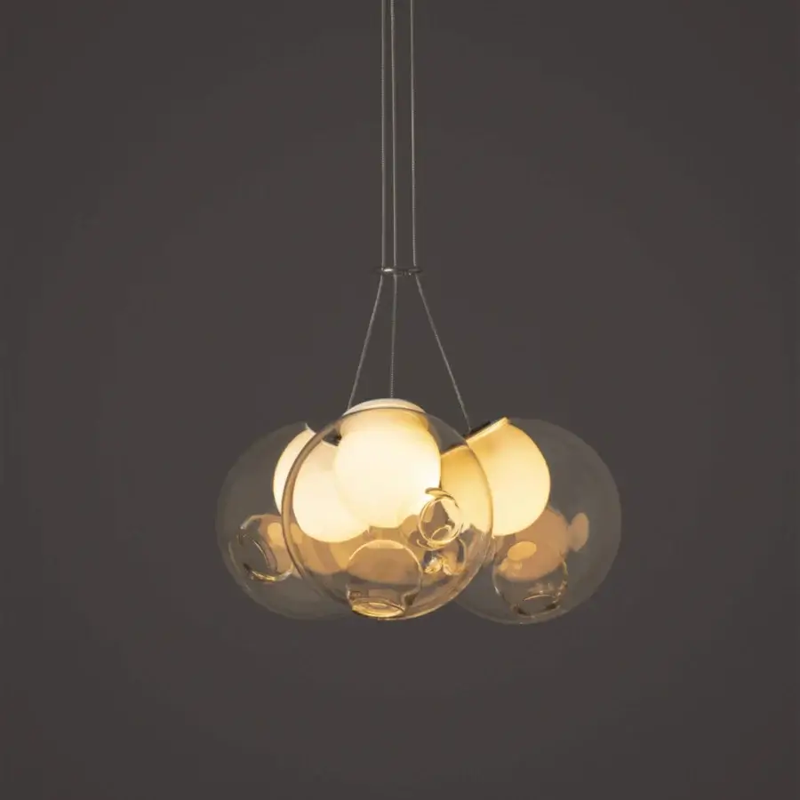 Captivating Bocci 28 Cluster suspension lamp with clear glass exterior spheres and milk white interior lamp holder cavities