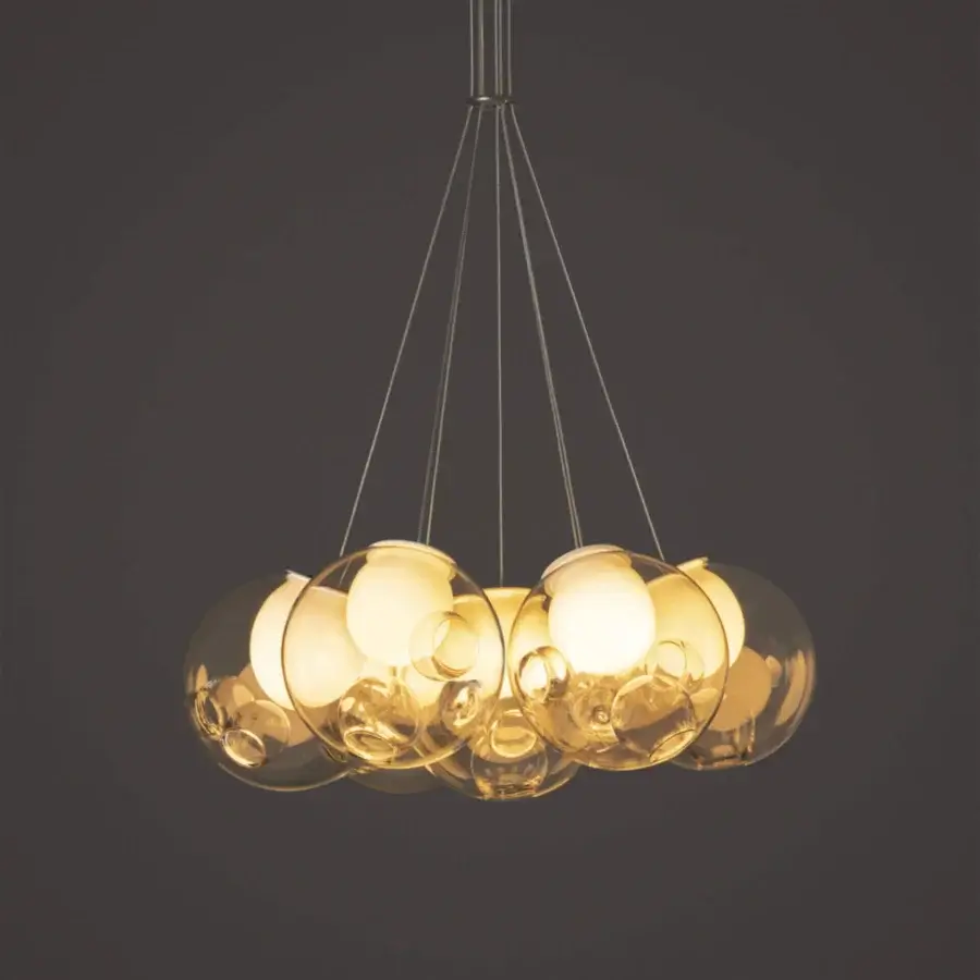 Superior Bocci 28 Cluster suspension lamp with hexagonal arrangement of clear glass spheres and polished metal fixture