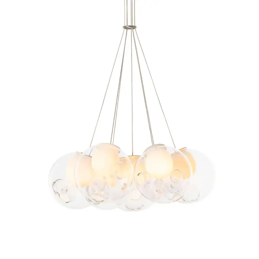 Distinguished Bocci 28 Cluster suspension lamp with nine hand-blown clear glass spheres and milk white interiors crafted in polished metal