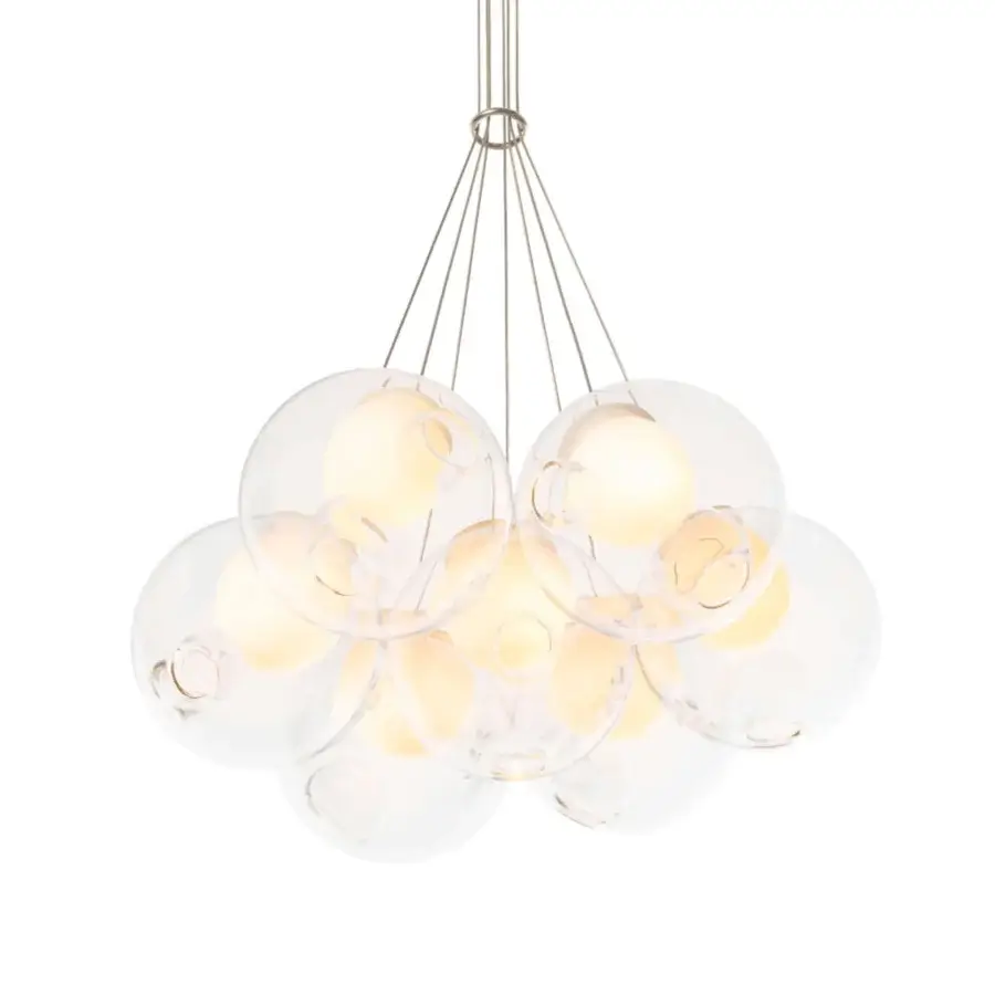 Exceptional Bocci 28 Cluster suspension lamp with a captivating arrangement of clear glass spheres and satin metal support