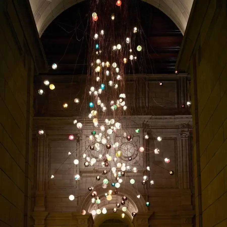 Distinguished Bocci 28 Copper suspension lamp with hand-blown glass spheres and natural copper components crafted with clear exteriors and milk white interiors