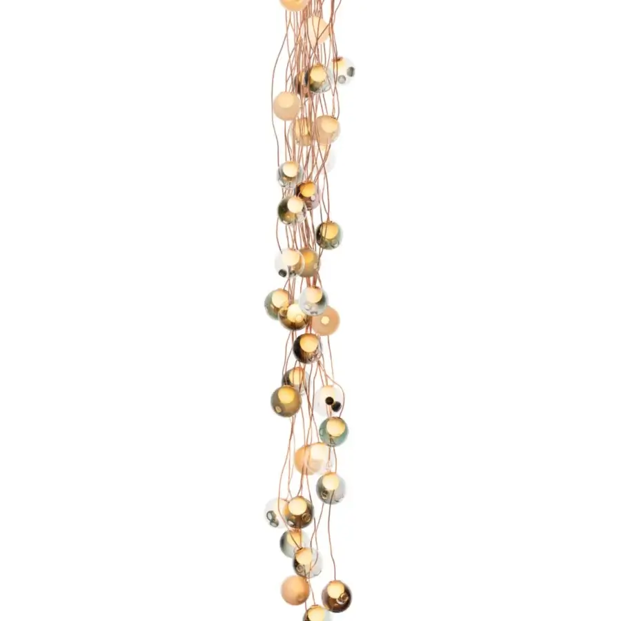 Distinguished Bocci 28 Copper suspension lamp with cascading clear and tinted glass spheres supported by natural copper tubing and a warm finish