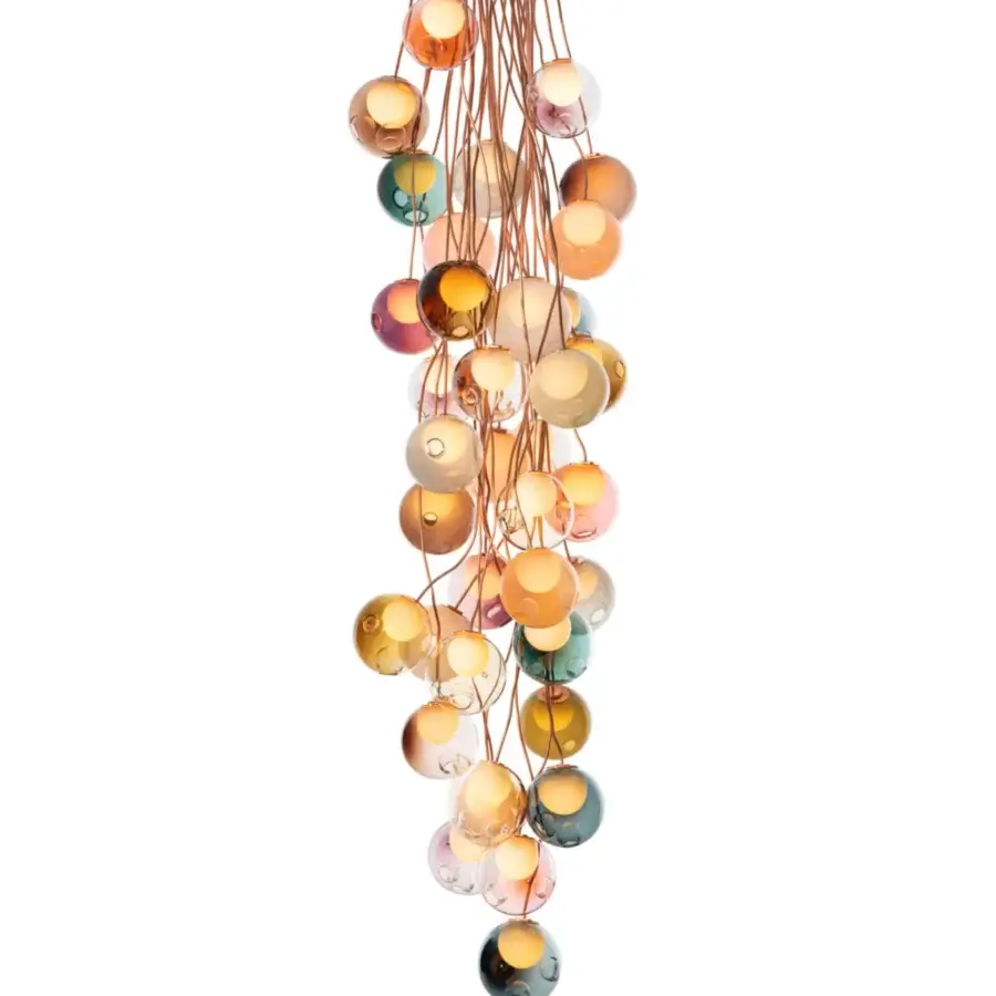 Exclusive Bocci 28 Copper suspension lamp with a dynamic arrangement of amber, teal, rose and clear hand-blown glass shades built with natural copper rods