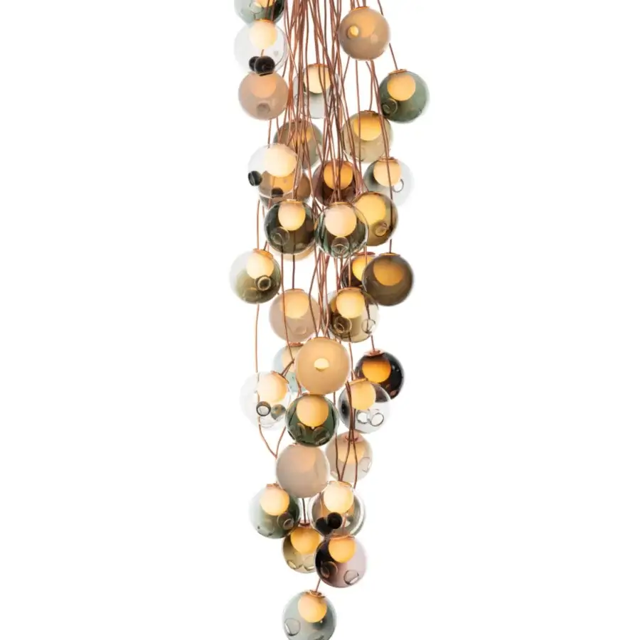 Superior Bocci 28 Copper suspension lamp with clear glass spheres and a natural copper suspension system exhibiting iridescent shades