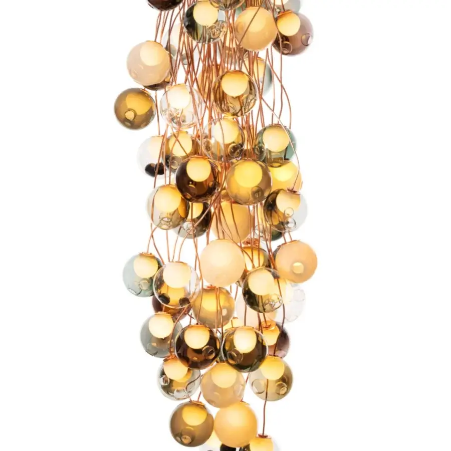 Superior Bocci 28 Copper suspension lamp crafted in clear and milk white glass spheres with polished copper rods