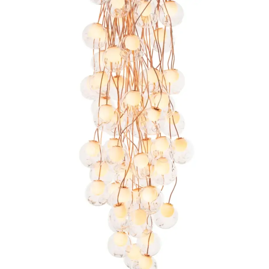 Distinguished Bocci 28 Copper suspension lamp crafted with hand-blown clear glass spheres and delicately curved copper rods developing a unique patina