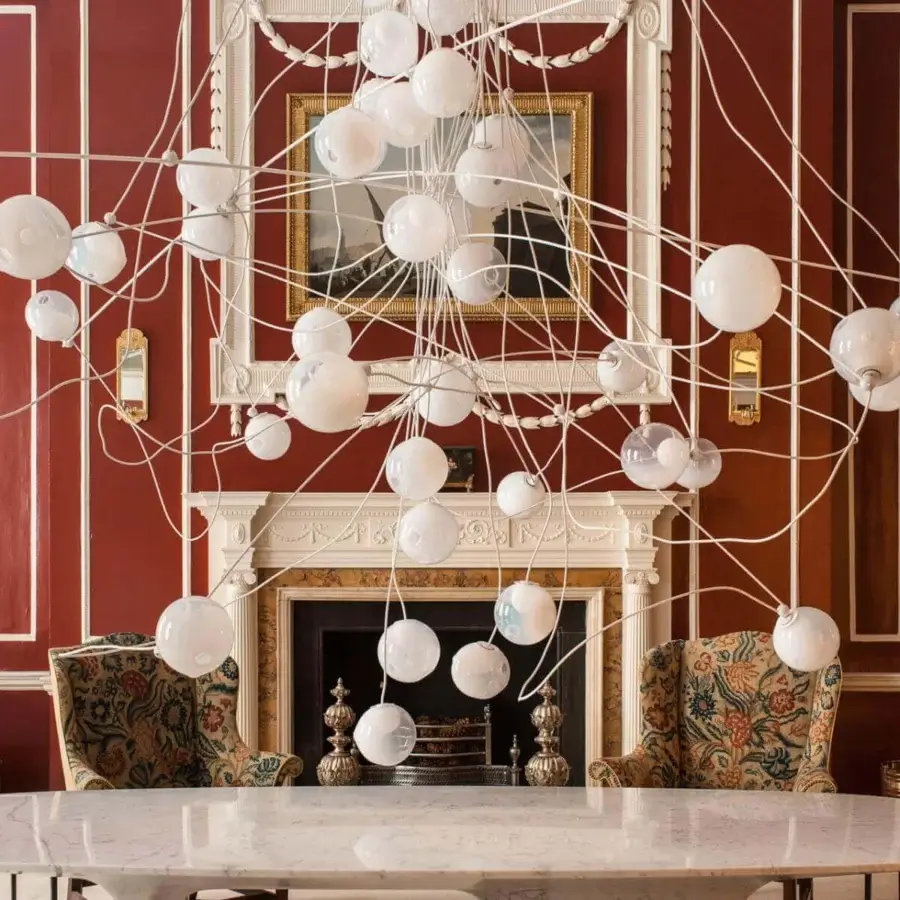 Exceptional Bocci 28 Copper suspension lamp with sprawling clear glass spheres and polished copper rods offering a refined aesthetic