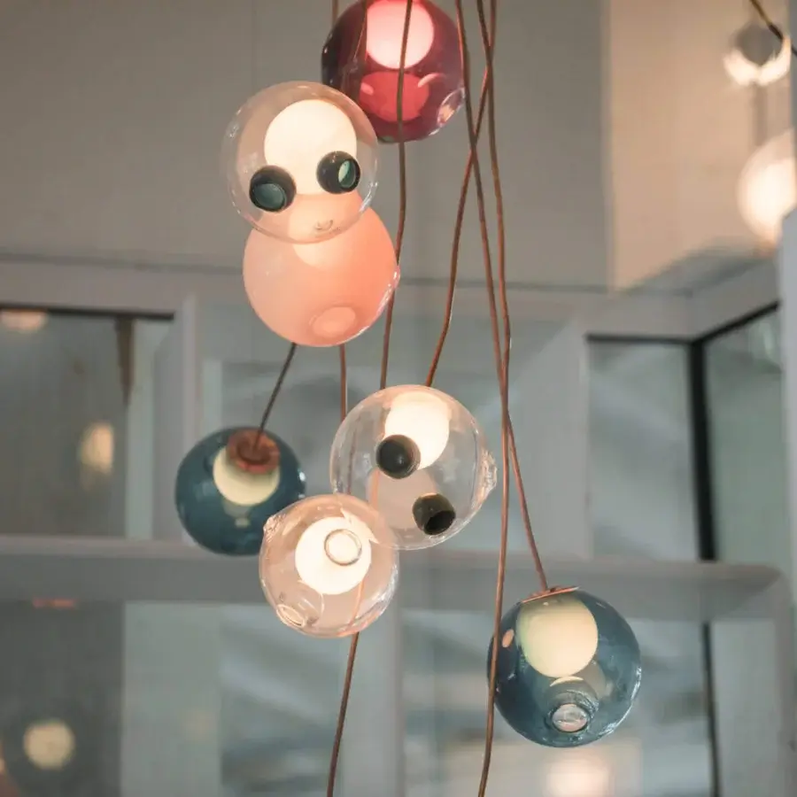 Superior Bocci 28 Copper suspension lamp crafted with hand-blown clear and milk white glass spheres with natural copper cords and patina finish