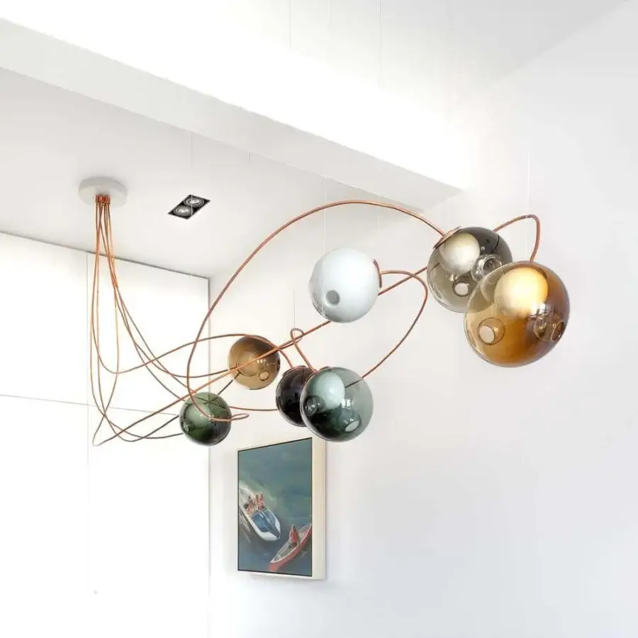 Superior Bocci 28 Copper suspension lamp crafted in natural copper with clear glass exterior spheres and satin finish