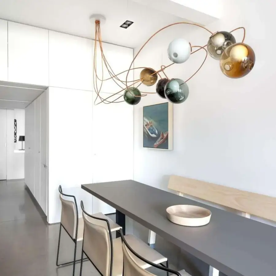 Captivating Bocci 28 Copper suspension lamp built with a dynamic orbital framework in natural copper and glass shades