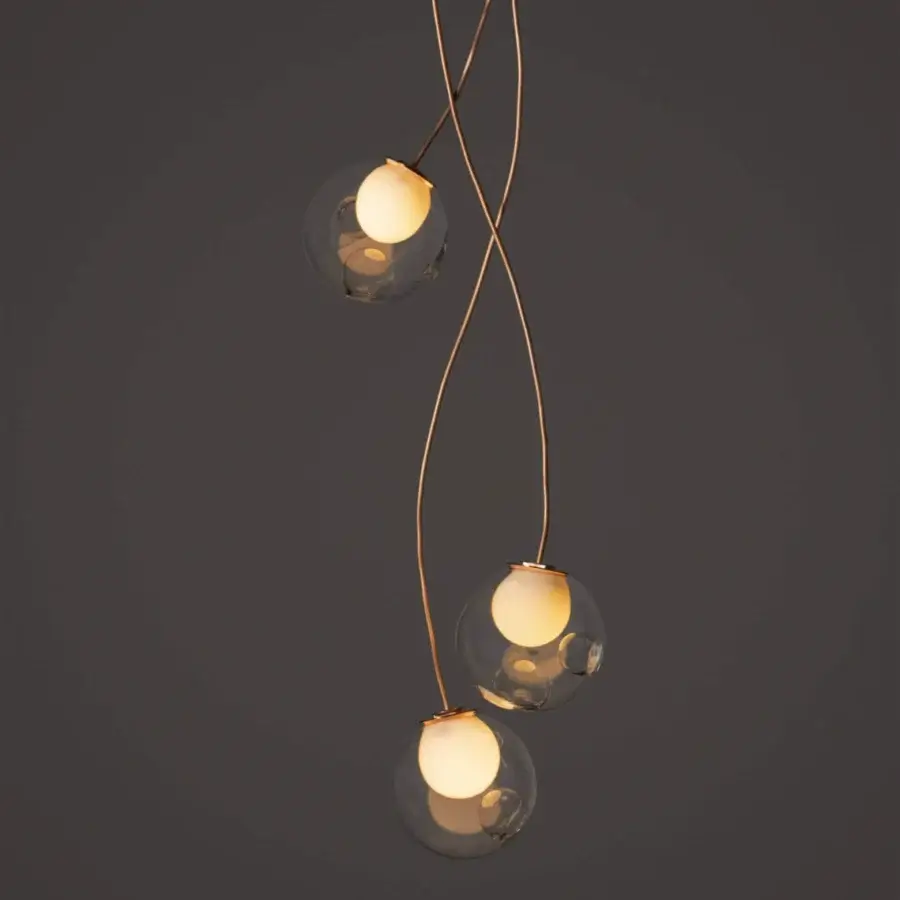 Innovative Bocci 28 Copper suspension lamp crafted in clear glass spheres with natural copper wire and a developing patina