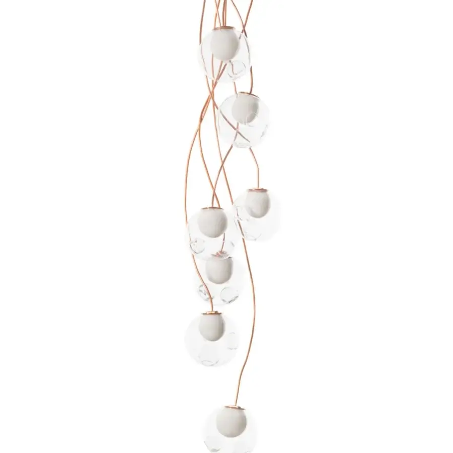Sophisticated Bocci 28 Copper suspension lamp crafted in clear glass spheres with natural copper detailing and developing patina