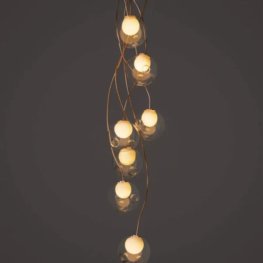 Luxury Bocci 28 Copper suspension lamp crafted in clear glass spheres with natural copper and satin finish