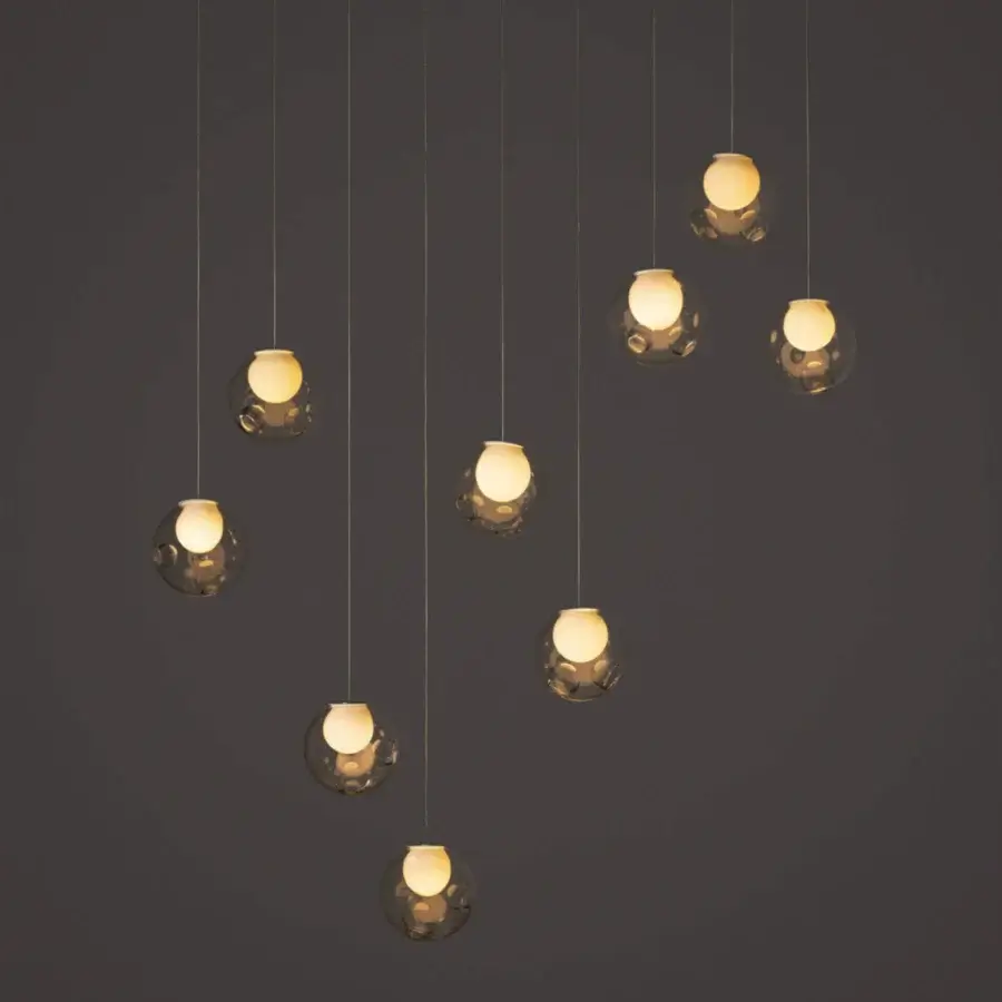 Distinguished Bocci 28 Linear suspension lamp crafted in clear glass spheres with milk white interiors and dark cords