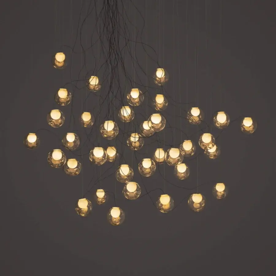Distinguished Bocci 28 sculptural lamp with clear glass exterior spheres and milk white interior lamp holder cavities in a matte metal framework