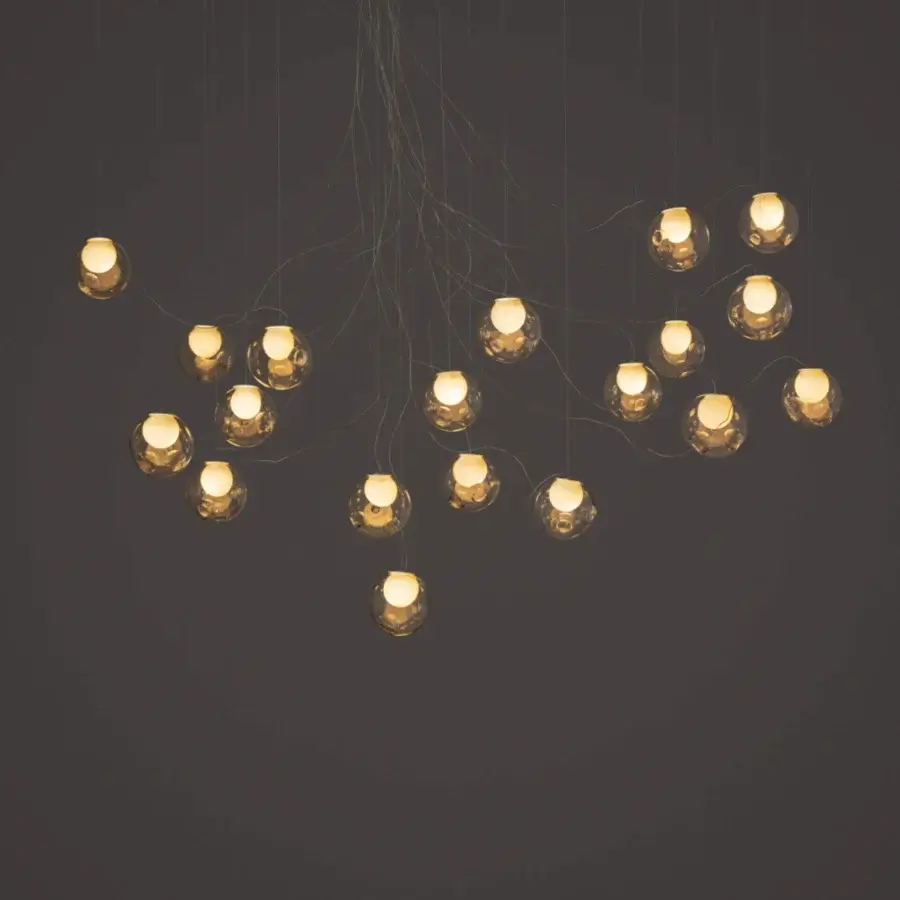 Captivating Bocci 28 sculptural cable lamp with twenty-eight clear glass spheres and milk white lamp holder cavities