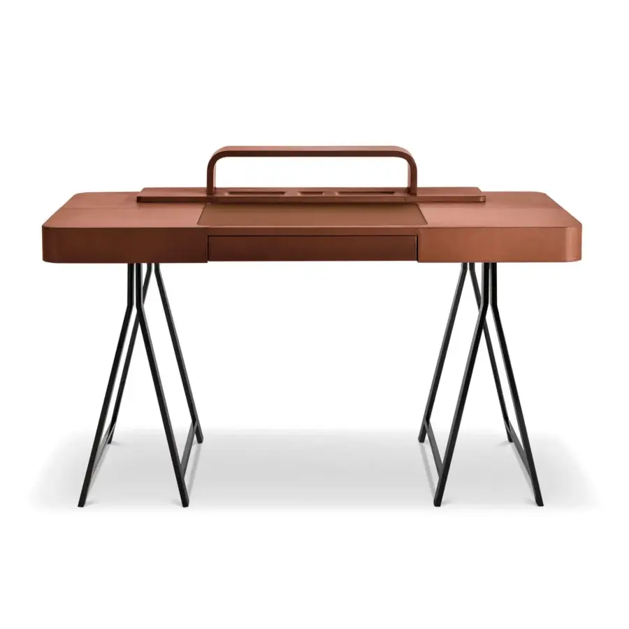 Distinguished 4 Mariani Napa desk crafted with saddle leather and a sleek black metal base in a warm medium-brown with satin finish