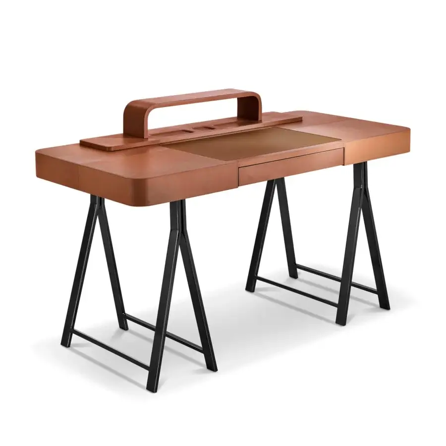Elegant 4 Mariani Napa desk with a light metal A-frame and soft medium brown Napa leather surface for versatile function