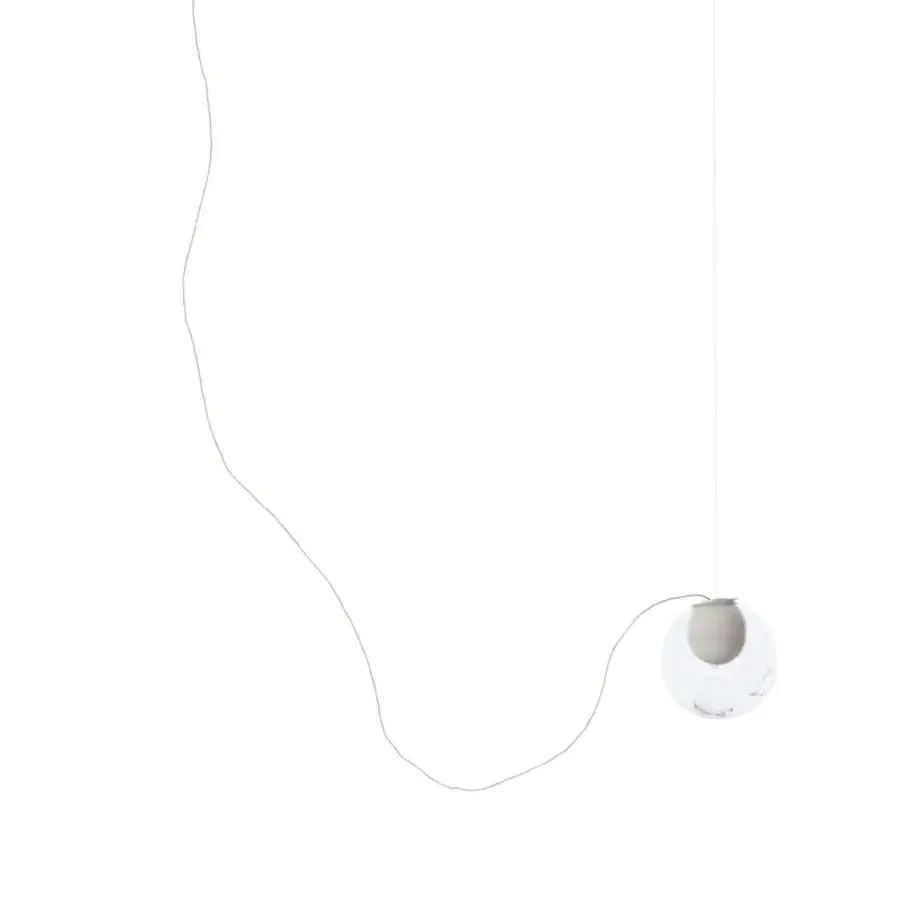 Superior Bocci 28 single sculptural lamp with clear glass exterior and milk white interior crafted with a flexible cable suspension system