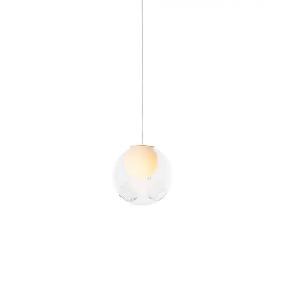 Exceptional Bocci 28 single suspension lamp crafted in clear glass with a milk white interior and satin metal stem