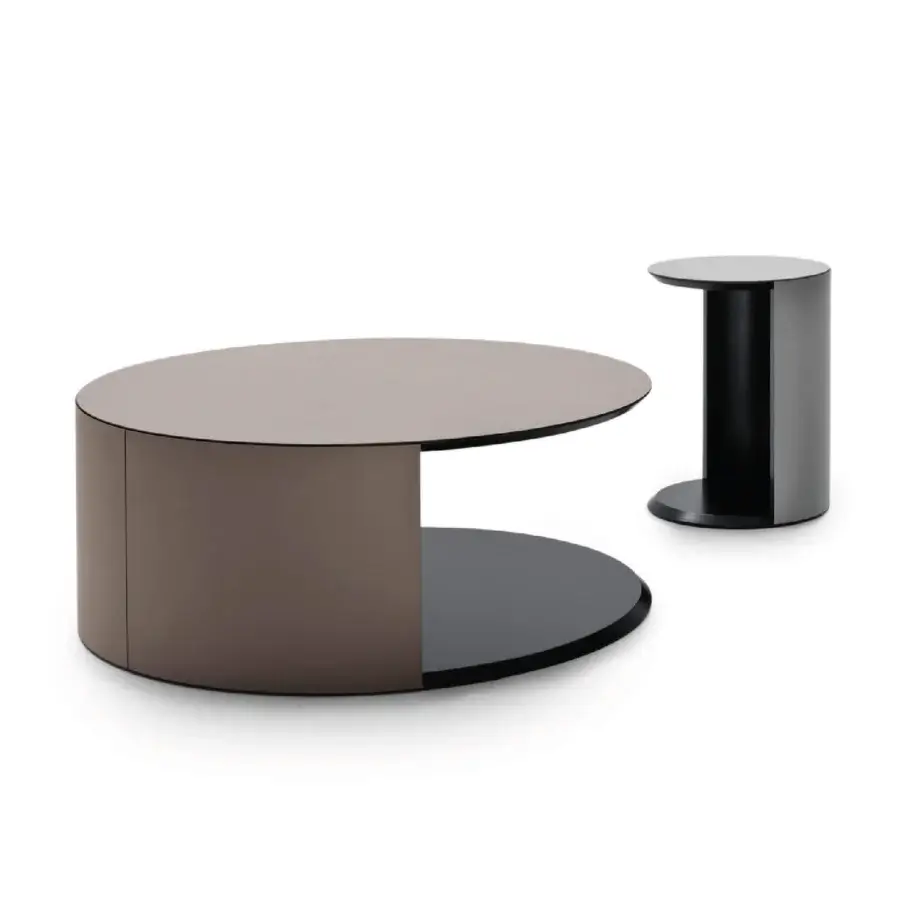 Superior 4 Mariani Papier coffee and side table with dark gray saddle leather base and glossy glass top