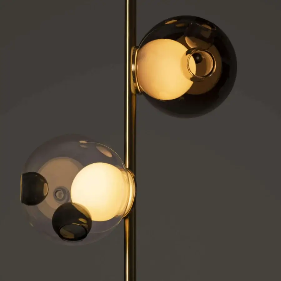 Superior Bocci 28 Stem Ceiling Lamp with brass finish and uniquely distorted clear glass spheres encasing a milk white lamp holder