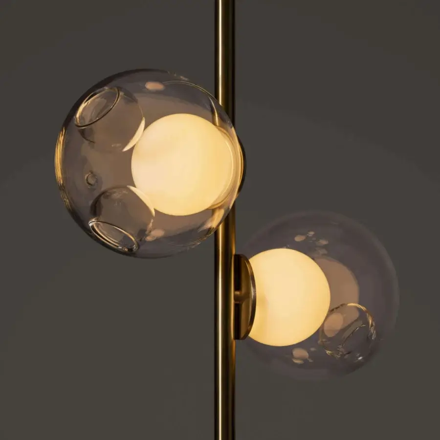 Exclusive Bocci 28 Stem Ceiling Lamp with brass finish and clear glass shades encasing milk white interiors crafted with skilled glass blowing