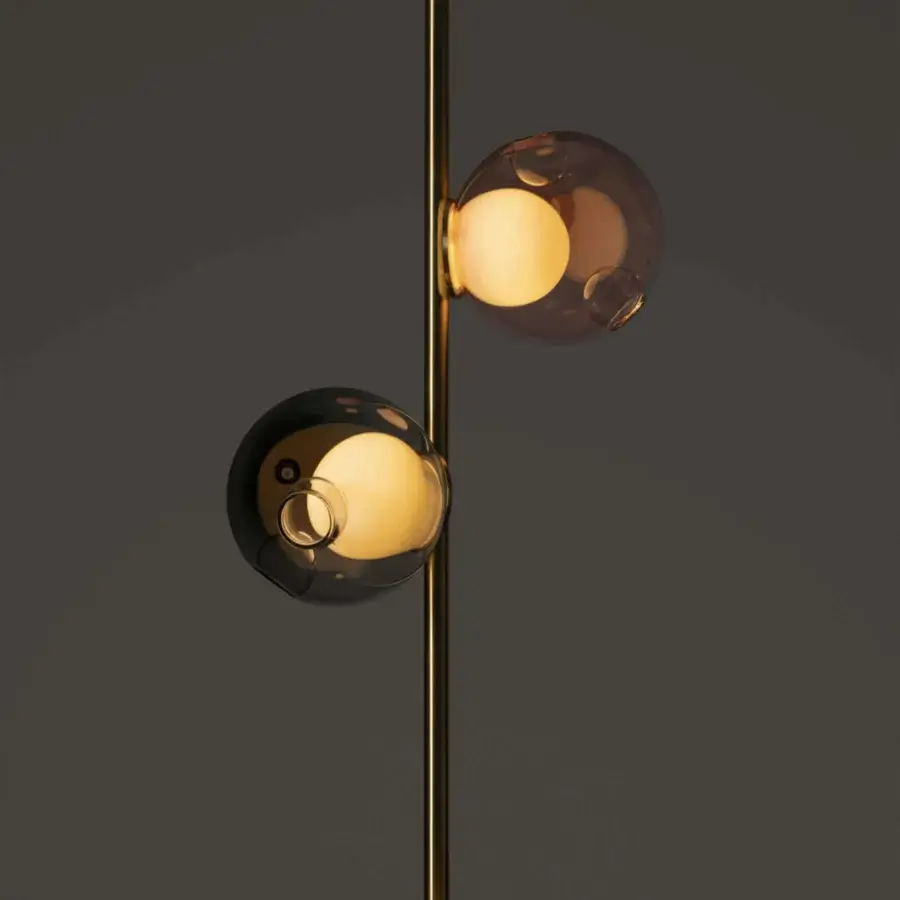 Distinguished Bocci 28 Stem Ceiling Lamp with warm peach and amber hand-blown glass shades and brass finish