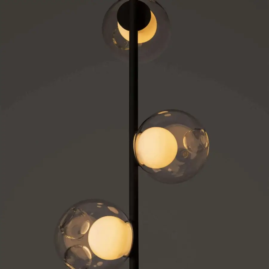 Exceptional Bocci 28 Stem Ceiling Lamp with a black metal stem and clear glass spheres encasing milk white lamp holders