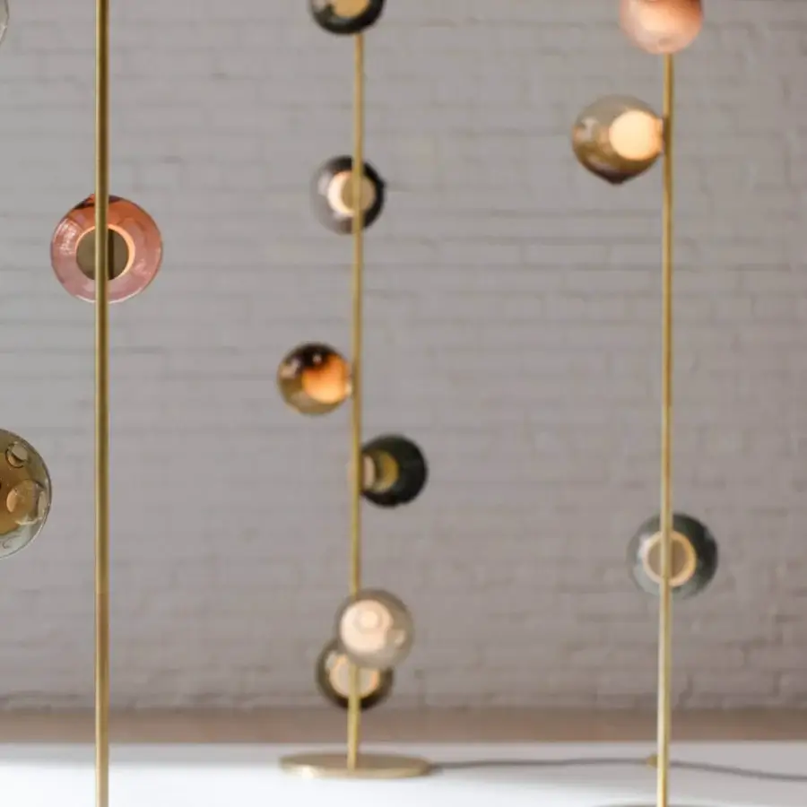 Exceptional Bocci 28 Stem Floor to Ceiling Lamp crafted in brass with clear glass exterior and milk white interior spheres