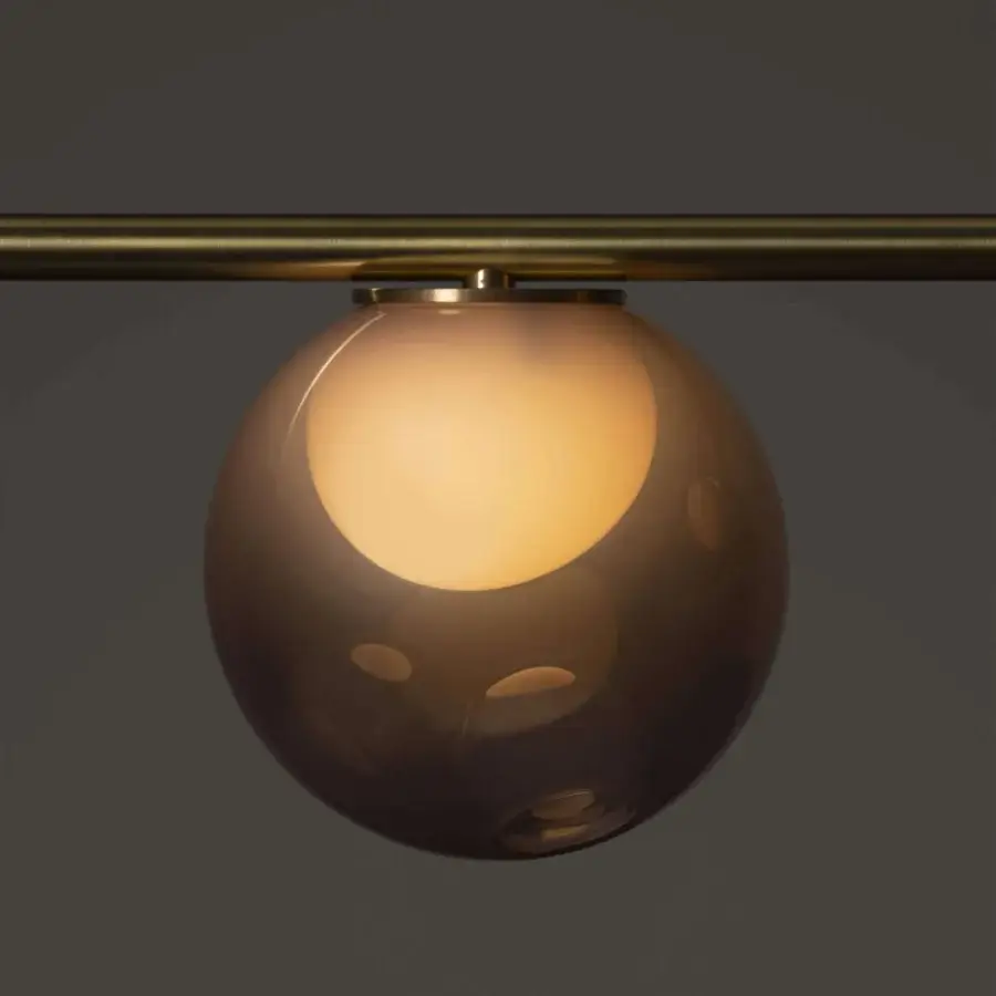 Distinguished Bocci 28 Stem suspension lamp with clear glass exterior, milk white interior and unlacquered brass stem structure