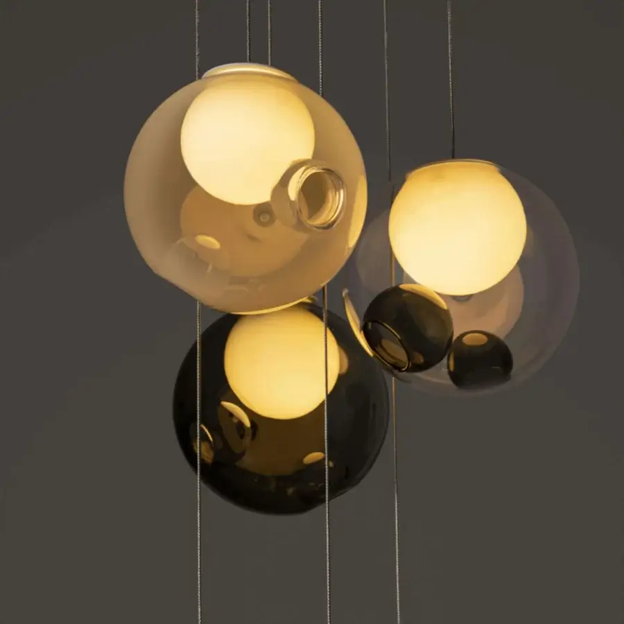Superior Bocci 28 Random suspension lamp crafted with clear glass spheres and milk white interiors suspended by metallic cables