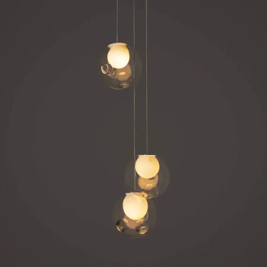 Distinguished Bocci 28 Random suspension lamp crafted with clear glass and milk white interiors in satin metallic finish