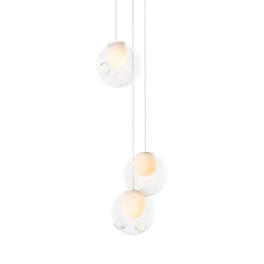 Exceptional Bocci 28 Random suspension lamp crafted with clear glass exterior and milk white interior cavities exhibiting refined distortion