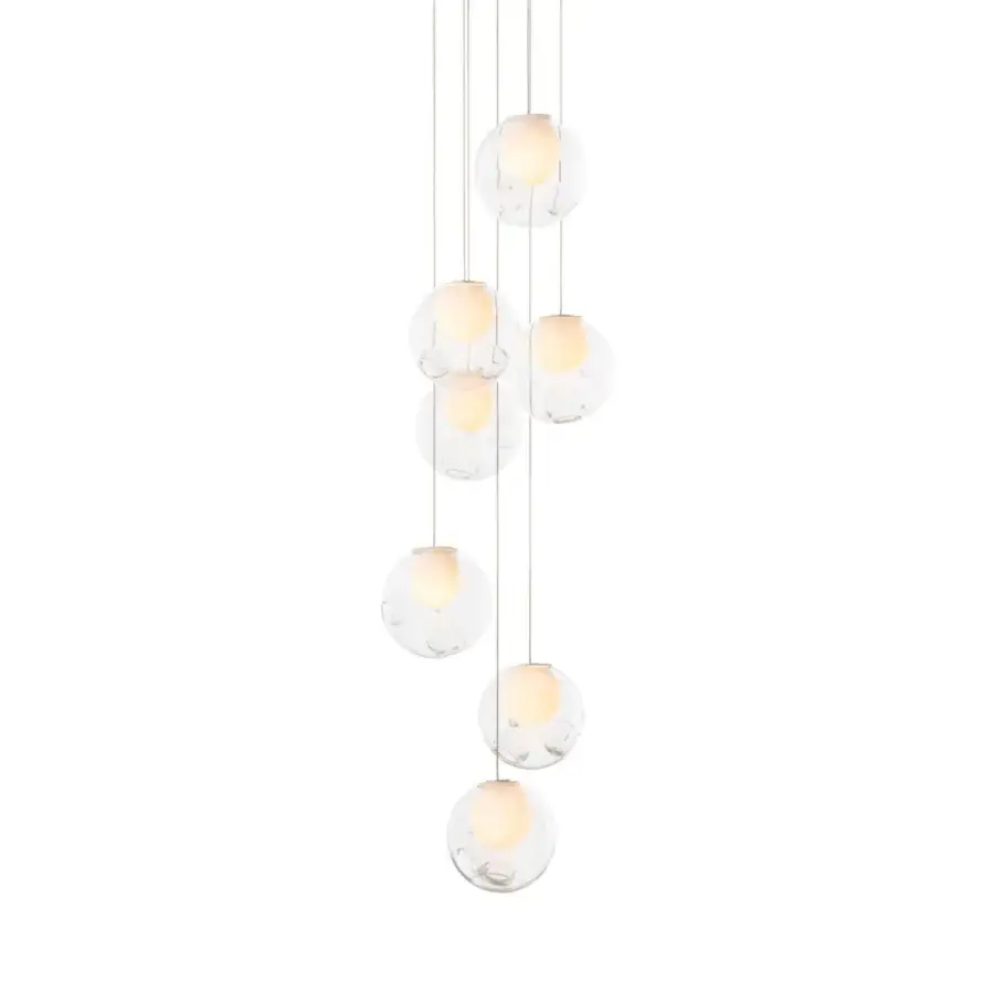 Exceptional Bocci 28 Random suspension lamp crafted with clear glass exterior spheres and milk white interior lamp holder cavities