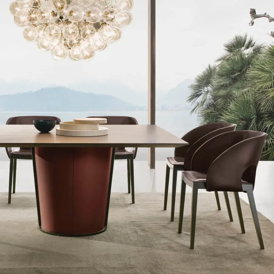 Elegant 4 Mariani Papier table with reddish-brown saddle leather base and satin-finish wood tabletop