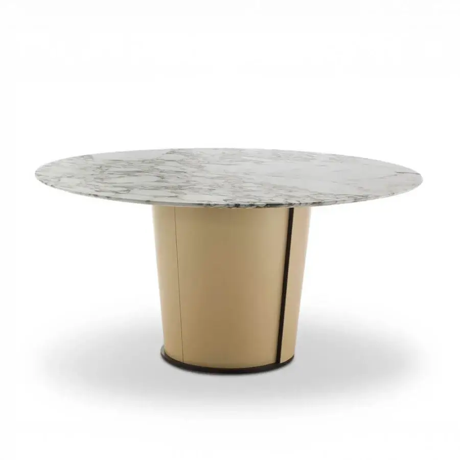 Exceptional 4 Mariani Papier table with a white marble tabletop dramatically veined in grey and golden satin-finish saddle leather base