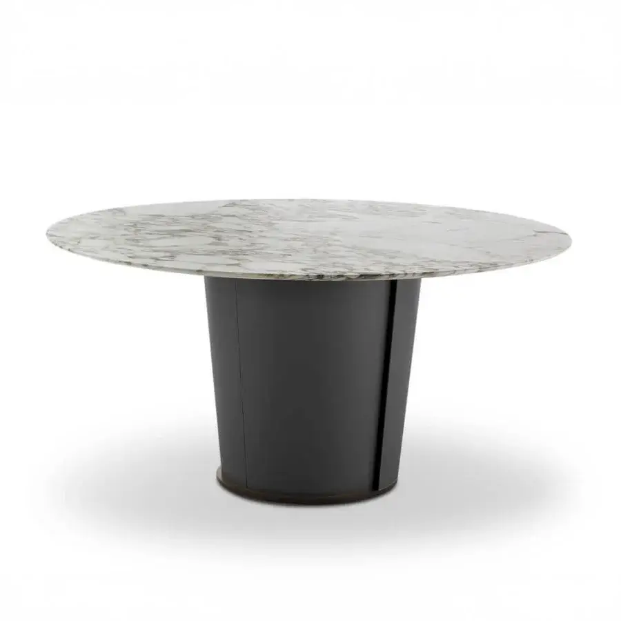 Superior 4 Mariani Papier table with a marble tabletop displaying grey, white, and green veining and a saddle leather base