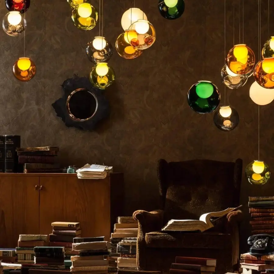 Superior Bocci 28 Random suspension lamp crafted in blown glass with amber, green, and blue hues plus milk white interior