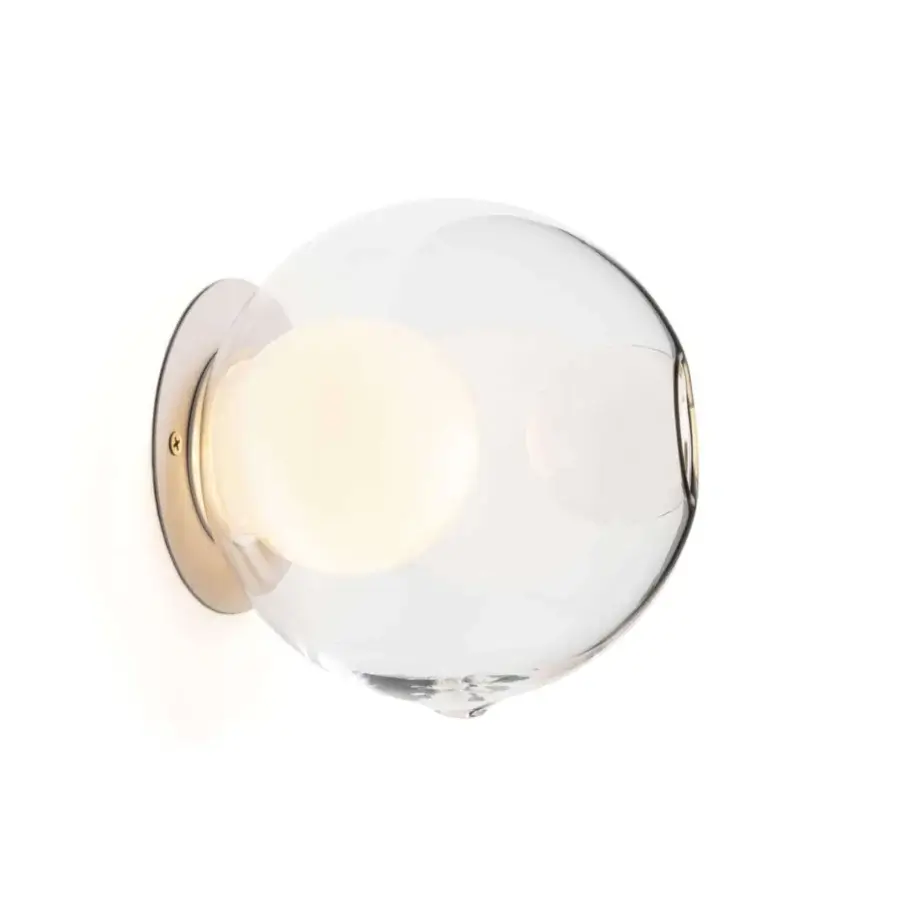 Elegant Bocci 28s lamp built in clear glass with a milk white interior and a light-toned metallic mounting plate
