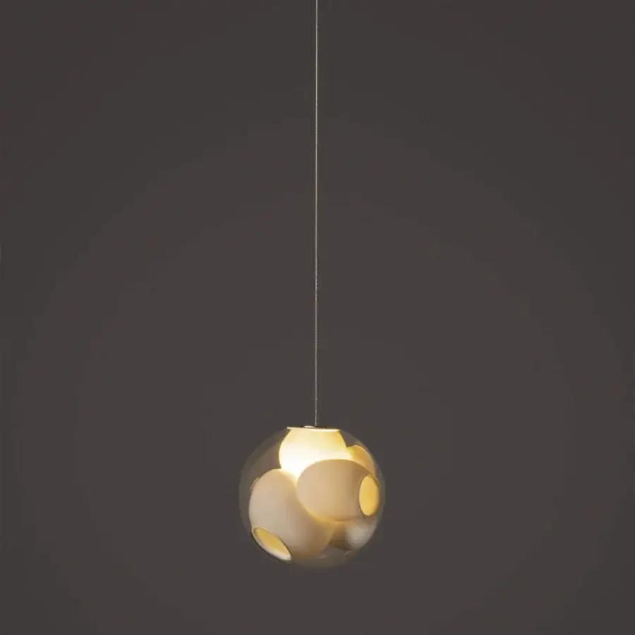 Superior Bocci 38V Single Suspension Lamp crafted in clear glass with milk white interior and light-colored metallic finish