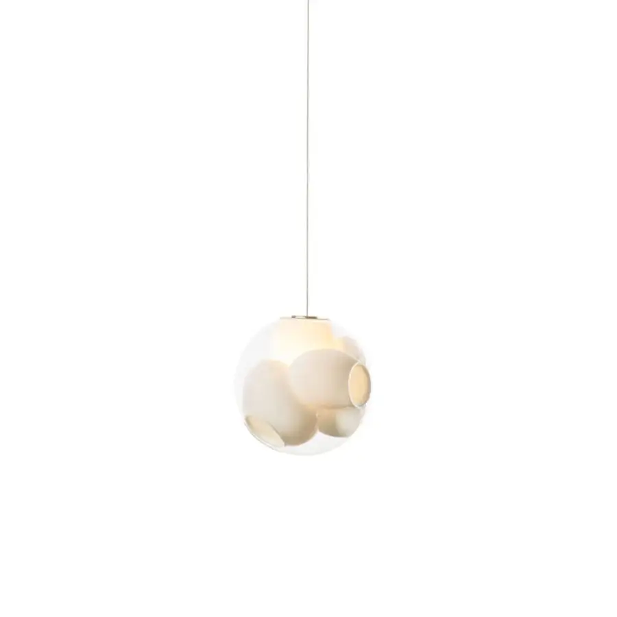 Distinguished Bocci 38V Single Suspension Lamp crafted in clear glass with a milk white interior and light gold tone coaxial cable