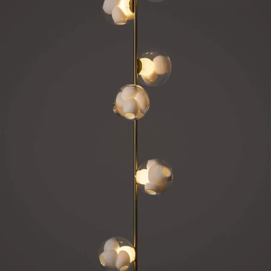 Superior Bocci 38V Stem ceiling lamp with a warm brass stem and cascading clear glass spheres housing sculpted light sources