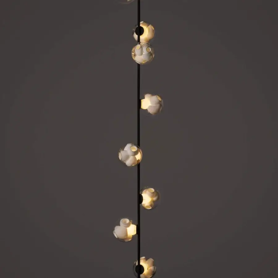 Distinguished Bocci 38V Stem ceiling lamp with black metal and clear glass spheres containing a milk white interior cavity