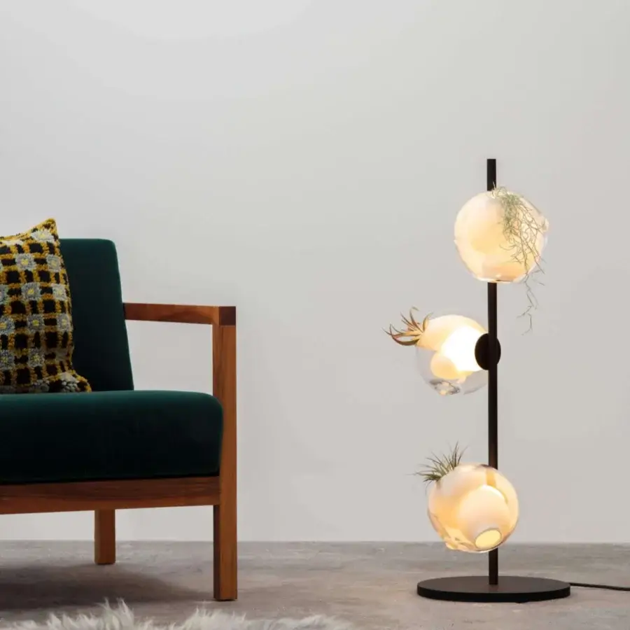 Superior Bocci 38V Stem floor lamp with clear glass shades and matte black finish crafted in a minimalist aesthetic