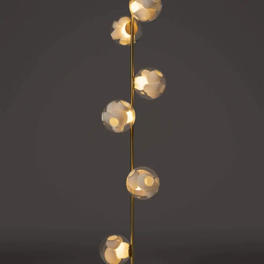 Distinguished Bocci 38V Stem floor lamp with clear glass exterior and milk white interior, built with a warm brass finish