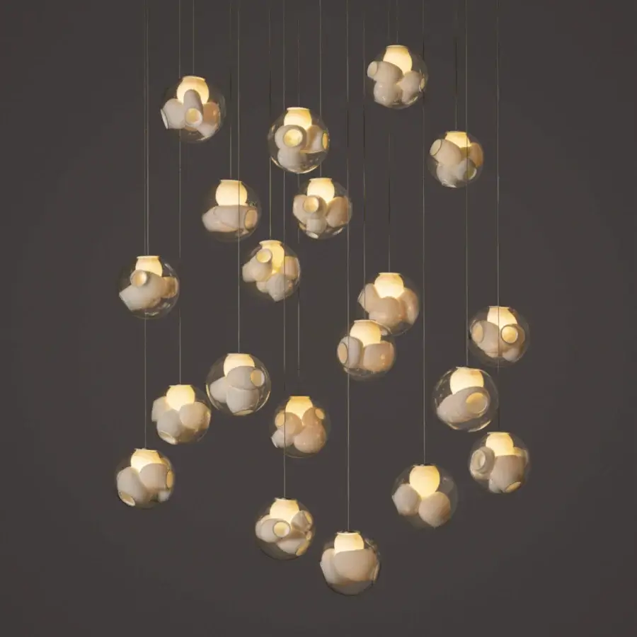Distinguished Bocci 38V Suspension Lamp lighting with clustered hand-blown clear glass spheres and milk white interior lamp holder cavities